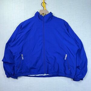 VTG Koret Windbreaker Jacket L PXL Blue Women Zip Pocket Mock Neck Stretch EUC